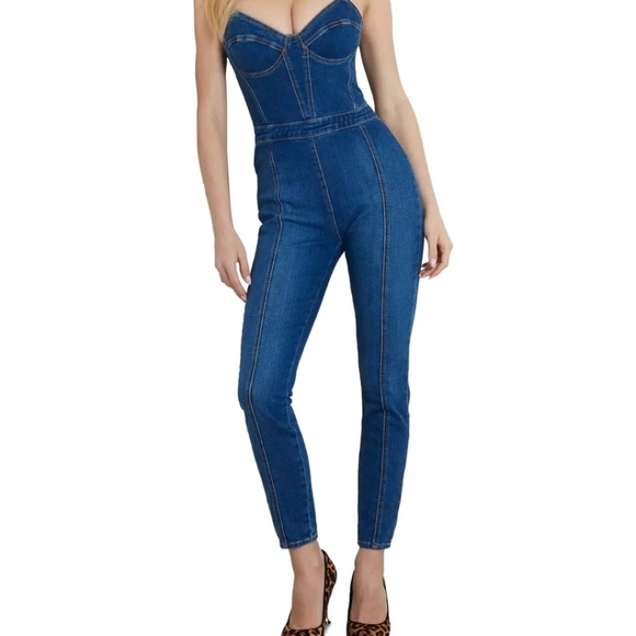 GUESS Sami Denim Jumpsuit Bustier Structure Skinny Zip Back Stretchy S - Picture 9 of 9
